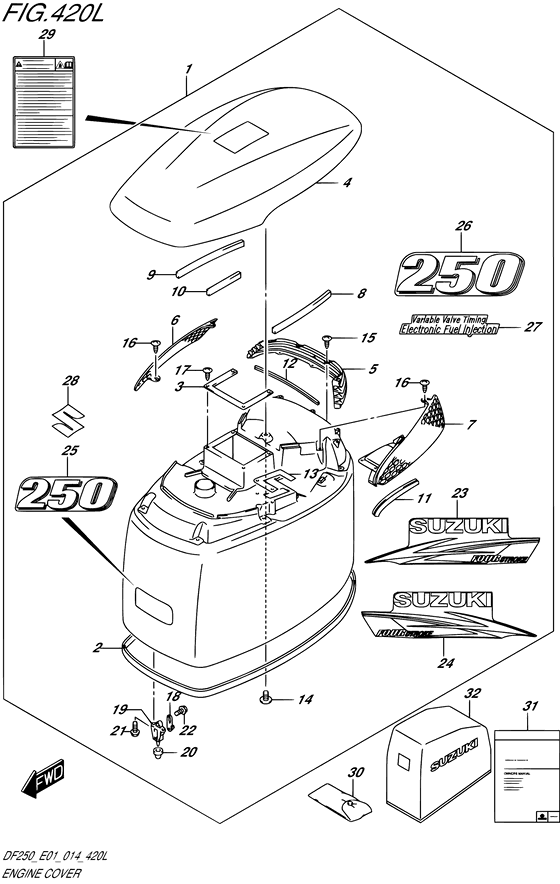 Engine Cover (Black) - Suzuki DF 250 Parts Listings<br>2014 to 25003F-410001 to 25003F-41XXXX 25003Z-410001 to 25003Z-41XXXX 25004F-410001 to 25004F-41XXXX