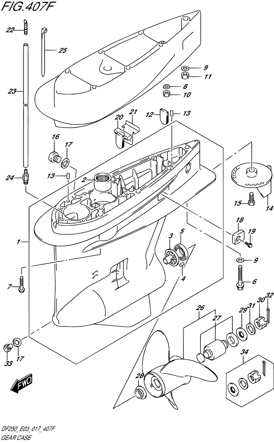 Gear Case (C/R) - Suzuki DF 250 Parts Listings<br>2023 to 25003F-340001 to 25003F-34XXXX 25003Z-340001 to 25003Z-34XXXX 25004F-340001 to 25004F-34XXXX