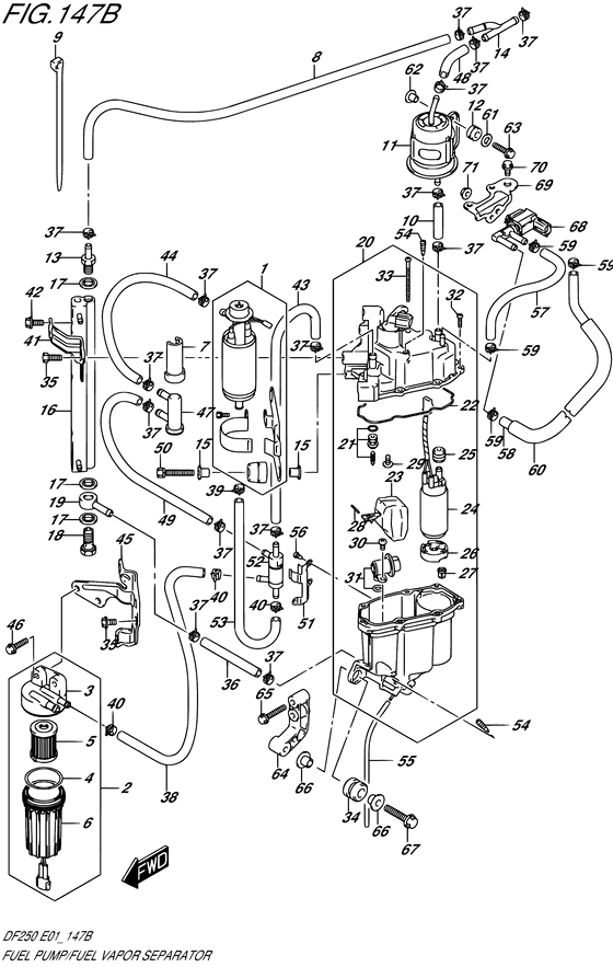 Fuel Pump/Fuel Vapor Separator(S/N 110001 &amp;Newer) - Suzuki DF 250 Parts Listings<br>2005 to 25001F-510001 to 25001F-51XXXX 25001Z-510001 to 25001Z-51XXXX