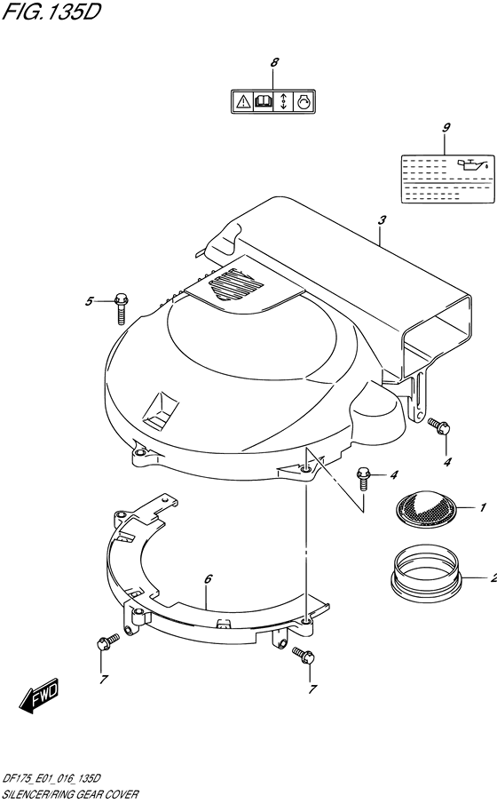 Silencer/Ring Gear Cover - Suzuki DF 150 Parts Listings<br>2016 to 15002F-610001 to 15002F-61XXXX 15002Z-610001 to 15002Z-61XXXX