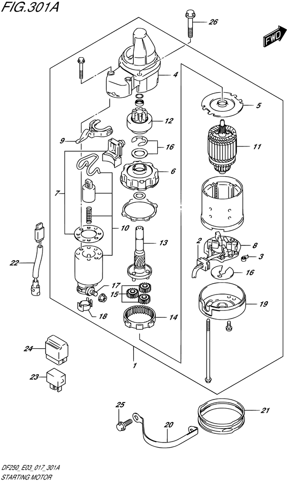 Starting Motor - Suzuki DF 250 Parts Listings<br>2017 to 25003F-710001 to 25003F-71XXXX 25003Z-710001 to 25003Z-71XXXX 25004F-710001 to 25004F-71XXXX