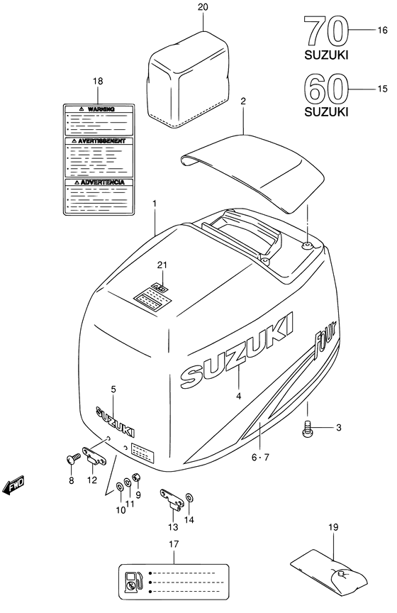 Suzuki DF 70 Engine cover ((MODEL:98~02); NOTE : REFER TO FIG.48A(G- 9) FOR MODEL:03~09)